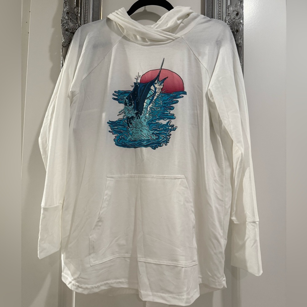 NWOT LuLaRoe Large Amber White Hoodie w/ Fish jumping out of the Water
